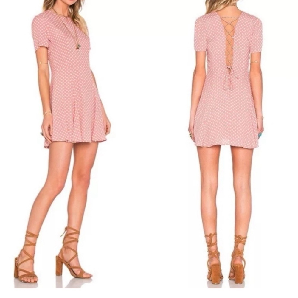 Privacy Please Blush Polka Dot Backless Lace Up Mini Dress size Medium